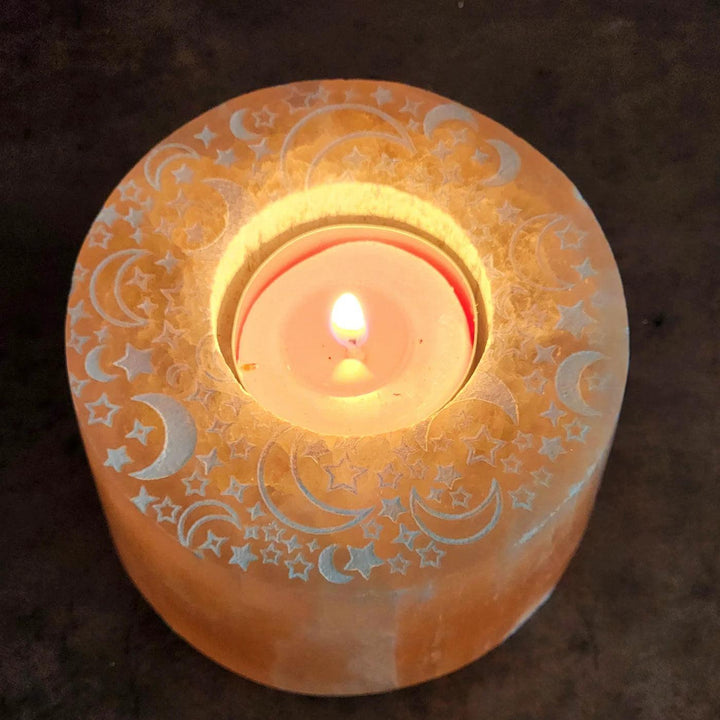 Orange Selenite Engraved Candle Holder - Moon & Stars - Art Of The Root