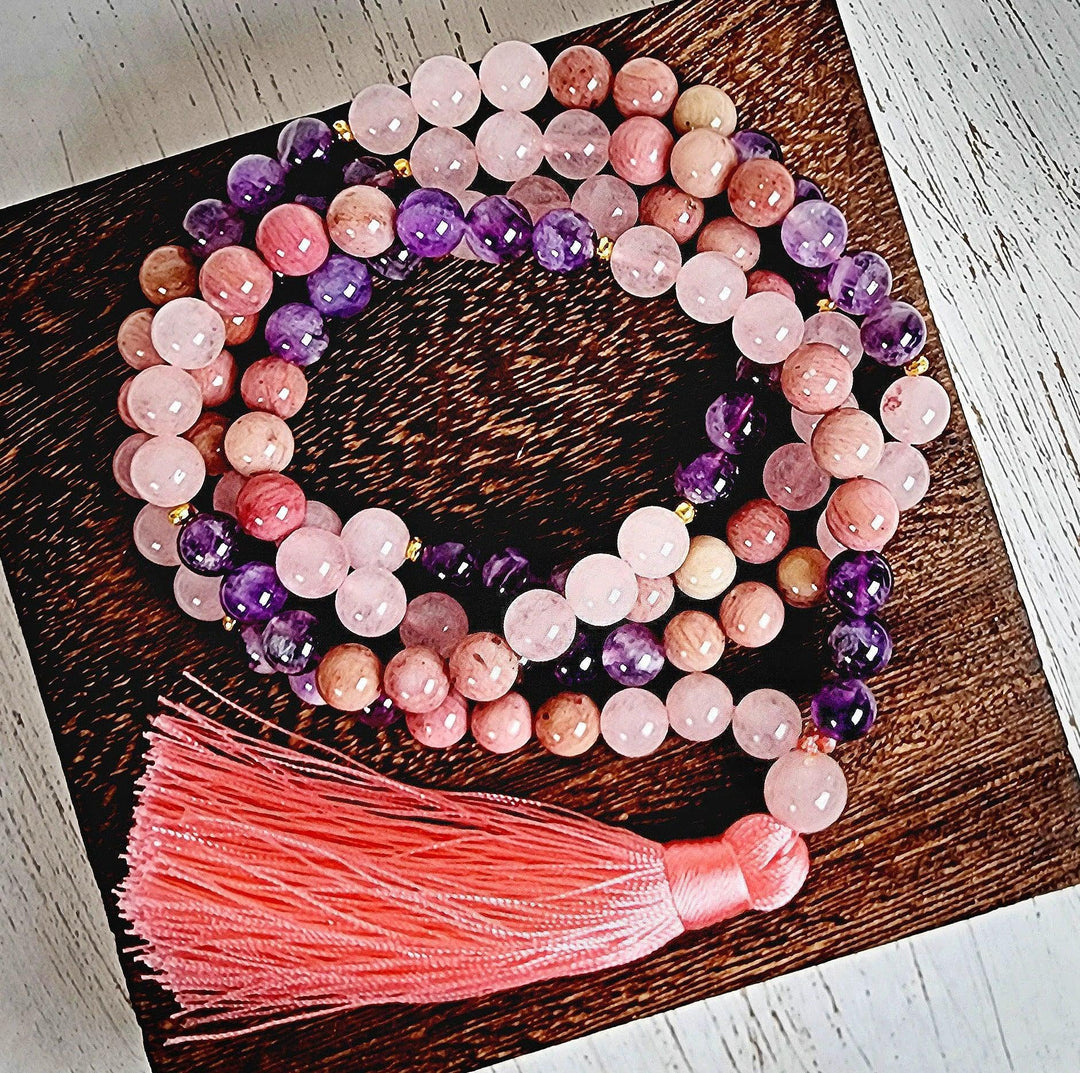 Rose Quartz, Rhodonite and Amethyst Mala Beads - Art Of The Root