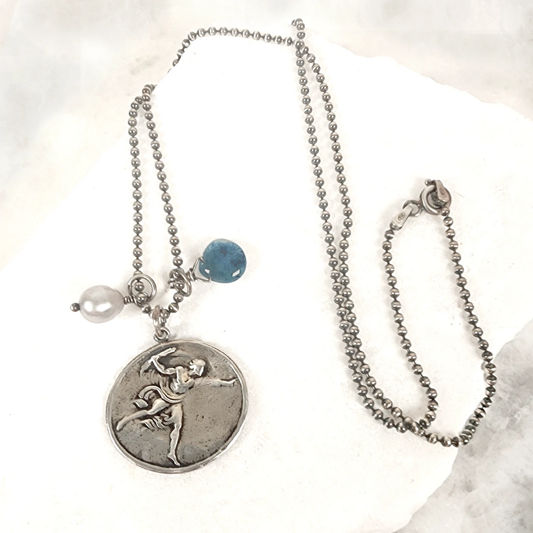 Antiqued Silver Saint Raphael Charm Necklace with Pearl & Kyanite Crystal