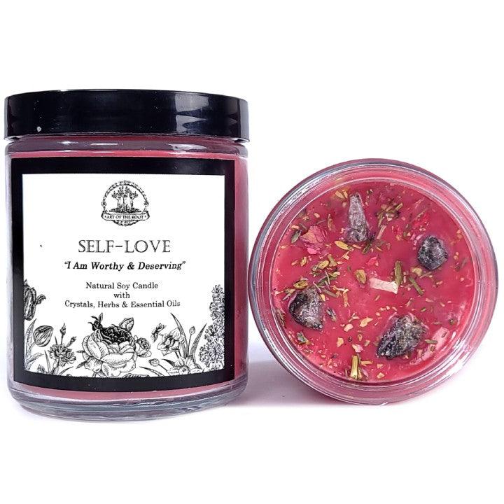 Self-Love Affirmation Soy Candle with Thulite Crystals for Acceptance, Self-Worth, Healing & Loss - Art Of The Root