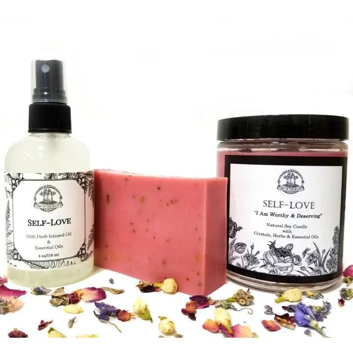 Self-Love Set (Soy Candle, Room & Body Spray & Herbal Shea Soap) for Acceptance, Self-Worth, Healing & Forgiveness - Art Of The Root