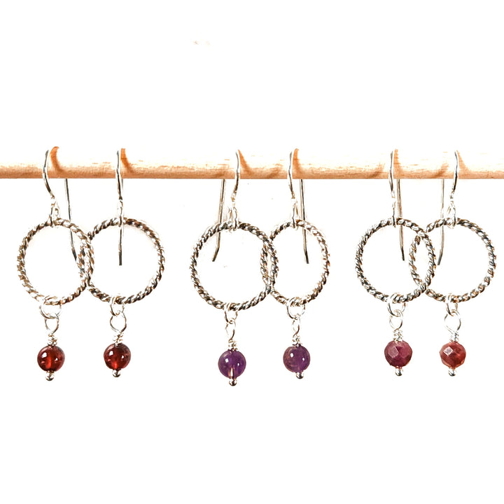 Minimalist Silver Hoop Earrings with Faceted Gemstone Beads