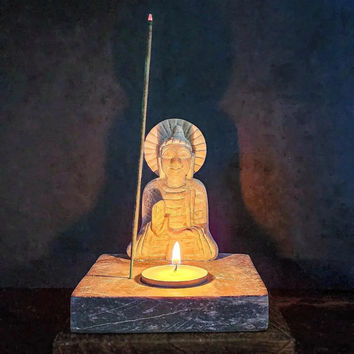 Stone Buddha Tea Light and Incense Holder - Art Of The Root